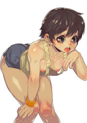Rule 34 | 1girl, absurdres, ass, bare shoulders, bent over, black hair, blue shorts, breasts, brown eyes, fengmo, hand on own knee, highres, knees together feet apart, nipples, original, short hair, short shorts, shorts, simple background, small breasts, solo, sweat, white background, wristband