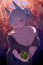 Rule 34 | 1girl, aerial fireworks, animal ear fluff, animal ears, asymmetrical bangs, black kimono, blonde hair, blue archive, blurry, blurry background, blush, bottle, breasts, cleavage, collarbone, drooling, fireworks, floral print, flower, fox ears, hair flower, hair ornament, hair over one eye, halo, highres, holding, holding bottle, huge breasts, japanese clothes, kanna (blue archive), kimono, kimono pull, looking at viewer, nose blush, one eye covered, outdoors, pink hair, rounan58287, solo, sweatdrop, yukata