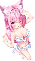 Rule 34 | 1girl, animal ear fluff, animal ears, antenna hair, arm over head, arm up, auroraescientia, bikini, blurry, blush, bow, braid, breasts, choker, cleavage, collarbone, commentary, fang, feet up, fingernails, frilled bikini, frilled choker, frills, from above, hair ornament, hair ribbon, hakui koyori, hakui koyori (summer), heart, highres, hololive, knee up, large breasts, looking at viewer, medium hair, nail polish, navel, one eye closed, open mouth, pink bow, pink hair, pink nails, pink ribbon, purple eyes, ribbon, simple background, skin fang, smile, solo, standing, standing on one leg, stomach, swimsuit, symbol-only commentary, tail, thighs, toenail polish, toenails, toes, virtual youtuber, white background, white bikini, white choker, white footwear, wolf ears, wolf girl, wolf tail