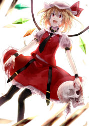 Rule 34 | 1girl, adapted costume, bad id, bad pixiv id, belt, black thighhighs, blonde hair, blood, buckle, dutch angle, fang, female focus, flandre scarlet, hat, necktie, nishiuri, open mouth, red eyes, short hair, skirt, skirt set, skull, slit pupils, solo, tears, thighhighs, touhou, wings, wrist cuffs