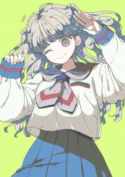 Rule 34 | 1girl, arms up, artist name, blue sailor collar, blue skirt, commentary, dated, green background, grey hair, grey neckerchief, head tilt, highres, long hair, looking at viewer, multicolored eyes, n1sh1mra, neckerchief, one eye closed, original, pleated skirt, sailor collar, school uniform, serafuku, shirt, signature, simple background, skirt, smle, solo, symbol-only commentary, white shirt