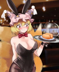Rule 34 | 1girl, alternate costume, animal ears, animal hat, bad id, bad pixiv id, black leotard, black pantyhose, black wrist cuffs, blonde hair, blush, bow, bowtie, breasts, cafe, cleavage, closed mouth, cowboy shot, fake animal ears, food, fox ears, fox tail, gunnjou yosio, hat, highres, holding, holding tray, inarizushi, large breasts, leotard, mob cap, multiple tails, ofuda, ofuda on clothes, pantyhose, plate, playboy bunny, rabbit ears, red bow, red bowtie, short hair, smile, solo, strapless, strapless leotard, sushi, tail, touhou, tray, white hat, wrist cuffs, yakumo ran, yellow eyes