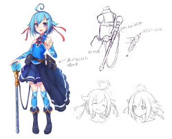 Rule 34 | 1girl, :d, ahoge, aizu izumi, bad id, bad pixiv id, belt, belt pouch, blue footwear, blue hair, blue skirt, blue thighhighs, blush, book, boots, breasts, character sheet, full body, hair ornament, hair ribbon, hairclip, hand up, heart, heart ahoge, high heel boots, high heels, highres, looking at viewer, multiple views, nishino eri, open mouth, original, pouch, purple eyes, red ribbon, ribbon, short hair, sketch, skirt, small breasts, smile, staff, standing, thighhighs