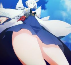 Rule 34 | 1girl, animal ear fluff, animal ears, azur lane, breasts, close-up, cloud, cowboy shot, day, female focus, foreshortening, from below, highres, kaga (azur lane), looking down, medium breasts, multiple tails, perspective, screencap, short hair, sky, smile, solo, standing, stitched, tail, thighs, third-party edit, white hair, wide sleeves