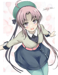 Rule 34 | 1girl, ahoge, akitsushima (kancolle), beret, black dress, commentary request, dress, gakky, green hat, grey hair, grey pantyhose, hat, jacket, kantai collection, long hair, official alternate costume, one-hour drawing challenge, pantyhose, purple eyes, side ponytail, sidelocks, solo, white jacket