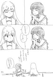 Rule 34 | 2girls, blunt bangs, blush, braid, closed eyes, closed mouth, comic, cup, drinking glass, drinking straw, greyscale, hair tie, kantai collection, kitakami (kancolle), koopo, long hair, long sleeves, monochrome, multiple girls, neckerchief, ooi (kancolle), parted lips, pleated skirt, sailor collar, school uniform, serafuku, sidelocks, simple background, single braid, sitting, skirt, smile, stool, table, translated, upper body, white background