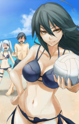 Rule 34 | 10s, 1boy, 2girls, ball, barefoot, bikini, black hair, blush, breasts, brother and sister, brown eyes, cleavage, day, eyepatch, flat chest, hand on own hip, highres, hip focus, infinite stratos, jonasan, large breasts, laura bodewig, legs apart, long hair, medium breasts, multiple girls, navel, orimura chifuyu, orimura ichika, outdoors, pepe (jonasan), siblings, side-tie bikini bottom, silver hair, smile, swimsuit, thigh strap, twintails, volleyball, volleyball (object)