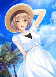 Rule 34 | 1girl, blush, breasts, brown eyes, brown hair, cloud, cloudy sky, day, dress, hat, lens flare, looking at viewer, medium breasts, nayuta69, open mouth, original, outdoors, palm tree, short hair, sky, smile, solo, straw hat, tree, white dress