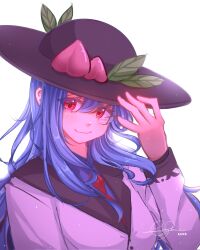 Rule 34 | 1girl, alternate costume, black headwear, blue hair, closed mouth, commission, dated, evermythic, highres, hinanawi tenshi, leaf, long hair, long sleeves, looking at viewer, peach hat ornament, red eyes, signature, smile, solo, touhou, upper body