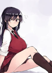 Rule 34 | 1girl, black hair, black necktie, black skirt, black socks, blush, breasts, closed mouth, flying sweatdrops, from side, grey background, highres, huge breasts, light frown, long hair, looking to the side, mole, mole under eye, necktie, original, pleated skirt, red eyes, red vest, rucchiifu, sitting, sketch, skirt, sleeves rolled up, socks, solo, vest