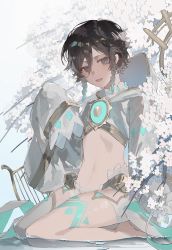 Rule 34 | 1boy, aqua hair, black hair, blue eyes, blush, braid, flower, genshin impact, hair between eyes, highres, hood, hood down, instrument, lyre, male focus, multicolored hair, parted lips, persimmon (lsxh3), shorts, simple background, sitting, sleeves past fingers, sleeves past wrists, solo, trap, twin braids, venti (archon) (genshin impact), venti (genshin impact), water, white flower, white shorts