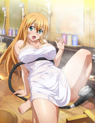 Rule 34 | 1girl, antenna hair, arm support, bare arms, bare legs, barefoot, bathroom, blonde hair, breasts, collarbone, fang, green eyes, hair between eyes, ikkitousen, indoors, large breasts, leaning back, long hair, looking at viewer, naked towel, open mouth, solo, sonsaku hakufu, straight hair, towel, very long hair, wet towel