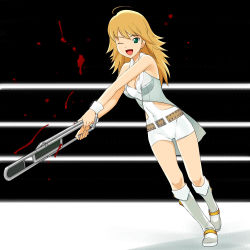 Rule 34 | 00s, 1girl, a1 (initial-g), ahoge, blonde hair, blood, boots, cameltoe, chair, chair smash, cool &amp; sexy (idolmaster), folding chair, hoshii miki, idolmaster, idolmaster (classic), idolmaster 1, one eye closed, solo, spandex, violence, wink, wrestling