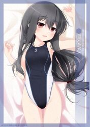 Rule 34 | 1girl, alternate costume, artist name, black hair, black one-piece swimsuit, character name, commentary request, competition swimsuit, cowboy shot, flat chest, hatsushimo (kancolle), highleg, highleg swimsuit, highres, inaba shiki, kantai collection, long hair, low-tied long hair, lying, multicolored clothes, multicolored swimsuit, one-piece swimsuit, red eyes, smile, solo, swimsuit