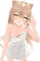 Rule 34 | 1girl, absurdres, ahoge, animal ears, bare arms, bare shoulders, blush, breasts, brown hair, collarbone, commentary, cowboy shot, double strap slip, dress, expressionless, hair between eyes, hair intakes, highres, indie virtual youtuber, lion ears, long hair, looking at viewer, nama tt1786, open mouth, rurudo lion, rurudo lion (1st costume), see-through, see-through dress, simple background, sleeveless, sleeveless dress, small breasts, solo, strap slip, sundress, virtual youtuber, white background, white dress, yellow eyes
