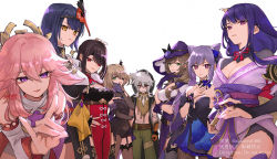 Rule 34 | 1boy, 6+girls, animal ears, bare shoulders, beidou (genshin impact), bird mask, black bodysuit, black pantyhose, black thighhighs, blonde hair, bodystocking, bodysuit, breast curtain, breasts, bridal gauntlets, brown hair, capelet, chinese clothes, cleavage, closed mouth, colored eyepatch, cone hair bun, detached sleeves, double bun, dress, earrings, eyepatch, finger to own chin, fingerless gloves, fischl (genshin impact), flower, fox ears, garter straps, genshin impact, gloves, green eyes, grey hair, hair bun, hair ears, hair ornament, hair over one eye, hair stick, hairpin, hand on own hip, hand on own chest, hat, hat belt, hat flower, highres, japanese clothes, jewelry, keqing (genshin impact), keqing (opulent splendor) (genshin impact), kimono, kujou sara, large breasts, leaning forward, lisa (genshin impact), long hair, looking at viewer, low neckline, mask, mask on head, miko, mole, multicolored clothes, multicolored dress, multiple girls, nail polish, obi, official alternate costume, official alternate hairstyle, ojo aa, one eye covered, pantyhose, pelvic curtain, pink hair, priestess, purple capelet, purple eyes, purple gloves, purple hair, purple headwear, purple kimono, purple nails, raiden shogun, razor (genshin impact), red eyes, sash, scar, scar on face, short hair, single sleeve, single thighhigh, smile, standing, strapless, strapless dress, tassel, tengu, tengu mask, thighhighs, thighs, two-tone dress, two side up, vision (genshin impact), white background, wide sleeves, witch, witch hat, wolf boy, yae miko, yellow eyes