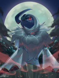 Rule 34 | absol, absurdres, animal focus, artist name, aura, backlighting, chromatic aberration, closed mouth, creatures (company), fluffy, full moon, game freak, gen 3 pokemon, hair over one eye, highres, looking at viewer, moon, night, night sky, nintendo, no humans, outdoors, pokemon, pokemon (creature), red eyes, rio (user nvgr5434), signature, sky, smoke, solo, standing, tree, white hair, wide-eyed