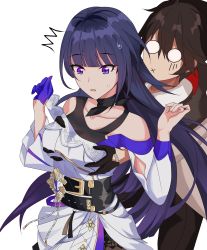 Rule 34 | 1boy, 1girl, :x, adam (honkai impact), belt, black gloves, black hair, blue gloves, blue hair, breasts, collarbone, commentary, english commentary, gloves, grabbing, grabbing another&#039;s breast, hetero, highres, honkai (series), honkai impact 3rd, large breasts, long hair, long sleeves, maxwelzy, o o, open mouth, purple eyes, raiden mei, surprised arms, sweatdrop