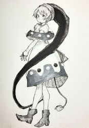 Rule 34 | 1girl, absurdres, blush, boots, bridal gauntlets, capelet, closed mouth, doremy sweet, dress, earrings, from side, full body, greyscale, hat, highres, jewelry, looking at viewer, mashimashi, monochrome, nightcap, pom pom (clothes), puffy sleeves, short hair, solo, standing, tail, tapir tail, touhou, traditional media