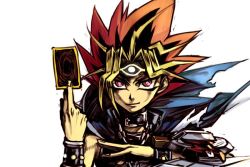 Rule 34 | 1boy, blonde hair, bracer, card, closed mouth, commentary request, duel disk, dyed bangs, facial mark, fingernails, forehead mark, hungry clicker, male focus, pink eyes, red hair, simple background, smile, solo, white background, yami yugi, yu-gi-oh!, yu-gi-oh! duel monsters