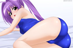 Rule 34 | 1girl, absurdres, ahoge, ass, blue one-piece swimsuit, blush, cameltoe, cleft of venus, competition school swimsuit, embarrassed, from below, grey background, hair between eyes, hair intakes, highres, indoors, legs together, long hair, looking at viewer, lying, on side, one-piece swimsuit, open mouth, original, purple eyes, purple hair, school swimsuit, simple background, skin tight, solo, sugimura tomokazu, swimsuit, thighs, twintails, watermark, web address, white background