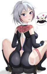 Rule 34 | 1girl, absurdres, ass, blue eyes, blush, breasts, butt crack, detached sleeves, dgm, from behind, gloves, highres, honkai: star rail, honkai (series), huge ass, leotard, looking at viewer, looking back, medium breasts, multicolored hair, numby (honkai: star rail), red hair, short hair, short shorts, shorts, sideboob, sitting, smile, solo, thigh strap, topaz (honkai: star rail), trotter (honkai: star rail), two-tone hair, white hair