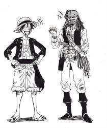 Rule 34 | 2boys, crossover, highres, jack sparrow, male focus, monkey d. luffy, multiple boys, one piece, pirates of the caribbean, smile