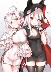 Rule 34 | 2girls, azur lane, black dress, black legwear, breasts, cape, china dress, chinese clothes, cleavage, cleavage cutout, closed mouth, clothing cutout, covered navel, cowboy shot, detached sleeves, dress, erebus (azur lane), frills, gloves, gradient background, hair over one eye, hood, hoodie, long hair, looking at viewer, medium breasts, multiple girls, red eyes, short dress, short hair, sidelocks, simple background, sleeves past wrists, small breasts, smile, stitches, sunege (hp0715), terror (azur lane), thighhighs, white dress, white gloves, zettai ryouiki