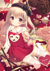 Rule 34 | 1girl, beret, black bow, blush, bow, brown eyes, brown flower, brown hat, brown rose, candy, chitosezaka suzu, chocolate, closed mouth, collared shirt, commentary request, dress, dress shirt, english text, flower, food, frilled dress, frilled shirt collar, frills, hair between eyes, hat, hat bow, heart, high heels, holding, holding candy, holding food, holding lollipop, light brown hair, lollipop, long hair, long sleeves, one side up, original, outstretched arm, pink flower, pink rose, red dress, red footwear, rose, shirt, shoes, smile, solo, thighhighs, unworn shoes, valentine, white shirt, white thighhighs