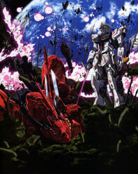 Rule 34 | 1980s (style), after battle, asteroid, axis (gundam), battle, beam saber, char&#039;s counterattack, damaged, debris, dirty, duel, earth (planet), energy, explosion, gundam, kawamoto toshihiro, key visual, machinery, mecha, mobile suit, no humans, nu gundam, official art, oldschool, planet, promotional art, retro artstyle, robot, sazabi, scan, science fiction, shield, spoilers, traditional media, v-fin, victory, weapon, wreckage