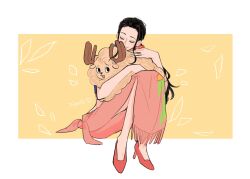 Rule 34 | 0goodiiy, 1boy, 1girl, affectionate, alternate form, antlers, black hair, blue jacket, bow, closed eyes, commentary, cropped jacket, hair bow, high heels, highres, horns, hug, jacket, long hair, nico robin, one piece, pink sarong, reindeer antlers, sidelocks, sitting, smile, symbol-only commentary, tony tony chopper