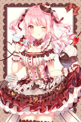 Rule 34 | 1girl, ;q, alternate hairstyle, bad id, bad pixiv id, bang dream!, black ribbon, blush, border, bow, breasts, brown bow, cake hat, character name, chocolate, cleavage, corset, detached sleeves, dress, food, frilled dress, frilled sleeves, frills, fruit, hair ornament, hair ribbon, heart, highres, holding, holding heart, lolita fashion, long hair, looking at viewer, maruyama aya, one eye closed, pink eyes, pink hair, ribbon, short sleeves, skirt hold, smile, solo, strawberry, striped bow, striped ribbon, taya oco, tongue, tongue out, two side up, valentine, wrist cuffs