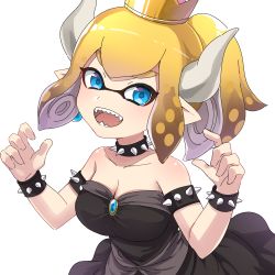 Rule 34 | 1girl, :d, black dress, blonde hair, blue eyes, bowsette, bowsette (cosplay), breasts, cleavage, cosplay, crown, dress, highres, horns, inkling player character, looking at viewer, mario (series), mask, medium breasts, new super mario bros. u deluxe, nintendo, open mouth, pointy ears, sharp teeth, simple background, sleeveless, sleeveless dress, smile, solo, strapless, strapless dress, super crown, takeko spla, teeth, tentacle hair, upper body, white background