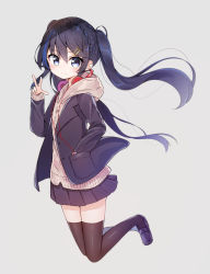 Rule 34 | 1girl, blue eyes, blush, braid, brown cardigan, brown footwear, brown hair, brown jacket, brown skirt, brown thighhighs, cardigan, closed mouth, commentary request, crown braid, grey background, hair between eyes, hair ornament, hairclip, hand in pocket, hand up, headphones, headphones around neck, highres, himemiya shuang, hood, hood down, hooded cardigan, jacket, loafers, long hair, long sleeves, looking at viewer, open clothes, open jacket, original, pleated skirt, shoes, simple background, skirt, sleeves past wrists, smile, solo, thighhighs, twintails, very long hair, white background
