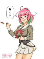 Rule 34 | 1girl, ahoge, bow, breasts, chopsticks, commentary request, corset, food, fruit, geru, glasses, green hair, grey sailor collar, grey skirt, juliet sleeves, kantai collection, large breasts, long sleeves, multicolored hair, name connection, object namesake, one-hour drawing challenge, open mouth, pink-framed eyewear, pink hair, pleated skirt, ponytail, puffy sleeves, red bow, red eyes, round teeth, sailor collar, sailor shirt, school uniform, serafuku, shirt, short hair, skirt, solo, streaked hair, teeth, translation request, ume (kancolle), umeboshi, upper teeth only