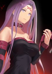 Rule 34 | 1girl, absurdres, asurada yui, bare shoulders, black dress, breasts, buckle, cleavage, closed mouth, collar, collarbone, covered navel, detached sleeves, dress, facial mark, fate/stay night, fate (series), forehead mark, gradient background, highres, holding, large breasts, long hair, long sleeves, looking at viewer, medusa (fate), medusa (rider) (fate), purple eyes, purple hair, red background, serious, signature, slit pupils, solo, straight hair, strapless, strapless dress, upper body, very long hair