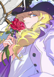 Rule 34 | 1boy, absurdres, artist name, blonde hair, blue eyes, cavendish, closed mouth, coat, commentary, flower, hair over one eye, hat, hat feather, high collar, highres, holding, holding flower, long hair, male focus, mygiorni, one eye covered, one piece, red flower, red rose, rose, smile, solo