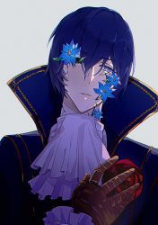 Rule 34 | 1boy, ascot, blue coat, blue eyes, blue flower, blue hair, coat, commentary, cracked skin, expressionless, flower, flower on head, flower over eye, gloves, grey background, hand on own chest, high collar, highres, kaito (vocaloid), male focus, one eye covered, parted lips, project diva (series), red flower, requiem (module), rose, solo, upper body, vocaloid, yinnnn
