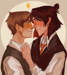 Rule 34 | 2boys, blouse, brown hair, closed mouth, collar, face-to-face, facial scar, hair bun, harry potter (series), highres, looking at another, male focus, multiple boys, necktie, profile, remus lupin, scar, scar across eye, scar on cheek, scar on face, school uniform, shirt, short hair, sidereumursi, single hair bun, sirius black, striped necktie, striped neckwear, uniform, vest, white shirt, wing collar, wizarding world, yaoi