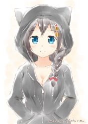 Rule 34 | 1girl, animal hood, blue eyes, blush, braid, breasts, cat hood, cleavage, closed mouth, collarbone, commentary request, hair ornament, hair over shoulder, hands in pocket, highres, hood, hoodie, kantai collection, large breasts, long hair, long sleeves, looking at viewer, mae (maesanpicture), parted bangs, shigure (kancolle), simple background, single braid, smile, solo, split mouth, twitter username, white background