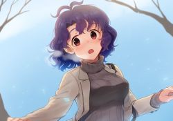 Rule 34 | 1girl, antenna hair, blue hair, breasts, brown eyes, coat, curly hair, day, idolmaster, idolmaster million live!, kamille (vcx68), large breasts, looking at viewer, open mouth, outdoors, short hair, solo, sweater, toyokawa fuka, tree, turtleneck, turtleneck sweater