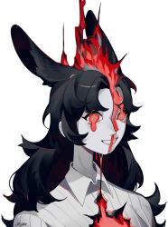 Rule 34 | 1girl, absurdres, animal ears, artist name, black hair, blood, collared shirt, colored skin, commentary, crrn, english commentary, grey shirt, grey skin, grin, highres, long hair, looking at viewer, melting eyes, original, portrait, rabbit ears, rabbit girl, red eyes, shirt, simple background, smile, solo, split head, striped clothes, striped shirt, twitter username, white background