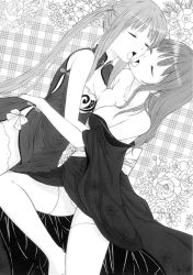 Rule 34 | 2girls, after kiss, asymmetrical docking, bad id, bad pixiv id, bare shoulders, breast press, breasts, china dress, chinese clothes, cleavage, collarbone, dress, dutch angle, engeki-bu danshi, closed eyes, flower, greyscale, hair tie, highres, medium breasts, monochrome, multiple girls, open mouth, original, saliva, saliva trail, thighhighs, tongue, tongue out, twintails, yuri