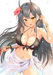 Rule 34 | 1girl, absurdres, azur lane, bare shoulders, bikini, black bikini, black hair, breasts, contrapposto, cowboy shot, flower, front-tie top, gluteal fold, hair between eyes, hair flower, hair ornament, hibiscus, highres, holding, holding weapon, horns, huge filesize, katana, large breasts, lips, long hair, looking at viewer, oni horns, open mouth, pink lips, sarong, see-through, sheath, sheathed, solo, suzuya (azur lane), swimsuit, sword, teeth, upper teeth only, weapon, white sarong, yashita saki, yellow eyes