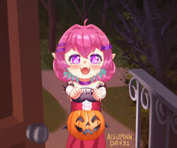 Rule 34 | 1girl, absurdres, aisuman, artist name, bare shoulders, bat hair ornament, blush, child, choker, doorway, dress, elbow gloves, fangs, female focus, gloves, hair ornament, hairclip, halloween, halloween bucket, highres, holding, looking at viewer, open mouth, original, pointy ears, pov doorway, purple choker, purple eyes, purple hair, red dress, short hair, sidelocks, smile, solo, sparkle, straight-on, strapless, strapless dress, trick or treat, upper body