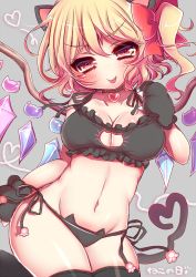 Rule 34 | 1girl, animal ears, animal hands, bell, black thighhighs, blonde hair, breasts, cat ears, cat lingerie, cat tail, cleavage cutout, clothing cutout, fang, flandre scarlet, gloves, heart, heart of string, jingle bell, matasabuyarou, meme attire, navel, panties, paw gloves, red eyes, side-tie panties, side ponytail, solo, tail, thighhighs, tongue, tongue out, touhou, underwear, wings