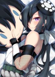 Rule 34 | 1girl, absurdres, bare back, bare shoulders, black hair, board game, chibi, eyepatch, fate/grand order, fate (series), fishnets, highres, long hair, looking at viewer, mochizuki chiyome (fate), nanakaku, purple eyes, short hair, simple background, solo, very long hair, white background