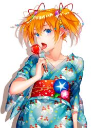 Rule 34 | 1girl, blue eyes, blue kimono, candy apple, commentary request, food, hair ornament, highres, japanese clothes, kanzashi, kimono, looking at viewer, obi, oono kanae, open mouth, orange hair, original, print kimono, sash, simple background, solo, tongue, tongue out, twintails, white background, yukata