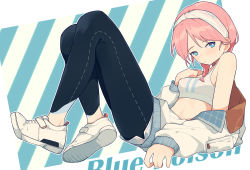 Rule 34 | arknights, black pants, blue poison (arknights), blue poison (shoal beat) (arknights), character name, choker, coldcat., commission, ear piercing, full body, hairband, highres, jacket, medium hair, midriff, navel, o-ring, o-ring choker, off shoulder, official alternate costume, pants, piercing, pink choker, pink hair, second-party source, shoes, shorts, solo, sports bra, white footwear, white hairband, white jacket, white shorts, white sports bra