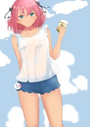 Rule 34 | 1girl, aqua eyes, artist name, artist request, bare legs, black bow, black ribbon, blue pants, blue shorts, blue sky, blush, bow, breasts, cloud, cup, day, female focus, green eyes, hair between eyes, hair bow, hair ribbon, highres, holding, holding cup, kurosawa ruby, looking at viewer, love live!, love live! sunshine!!, outdoors, pants, parted lips, red hair, ribbon, shirt, short hair, short shorts, shorts, sky, sleeveless, sleeveless shirt, small breasts, smile, solo, ub takami, white shirt
